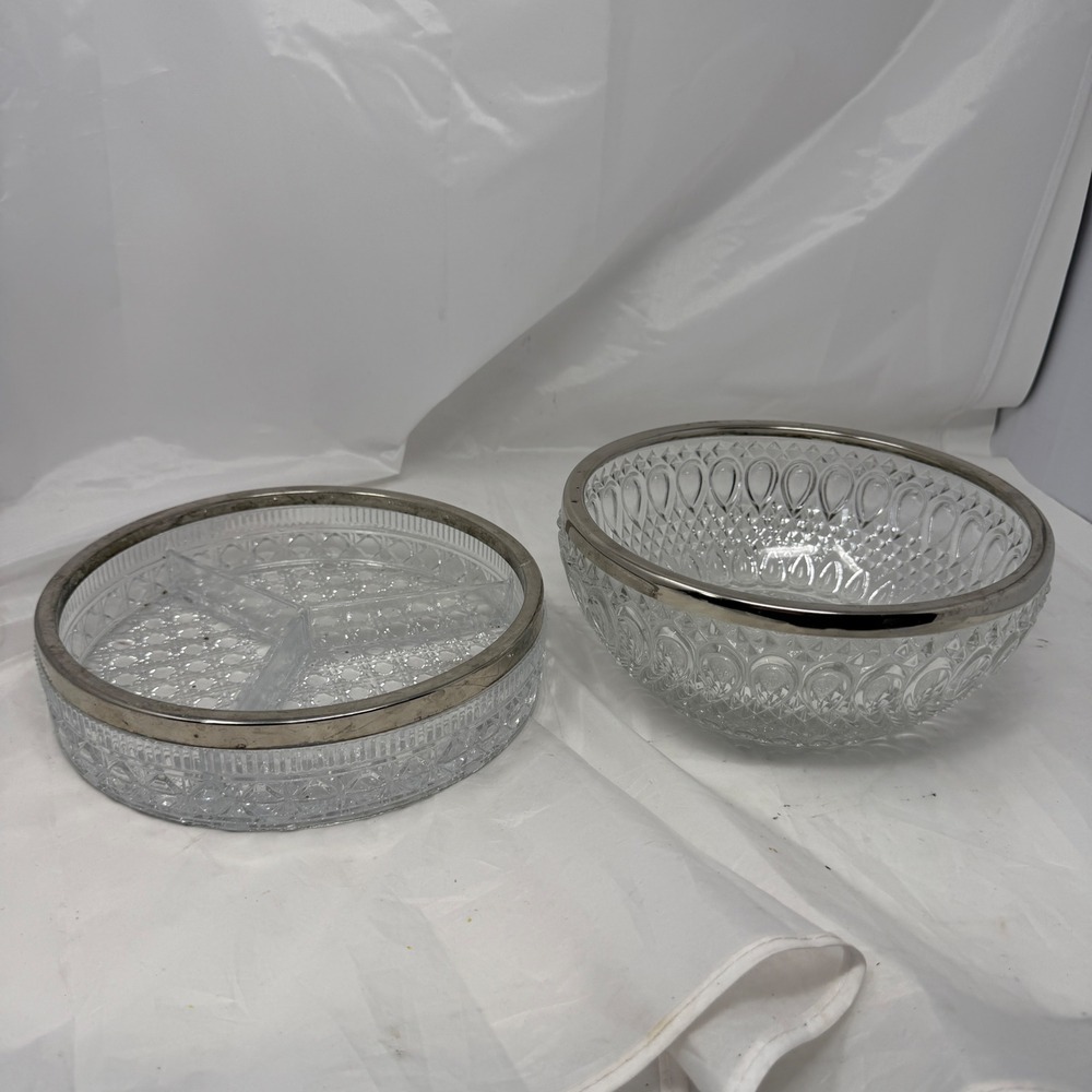 Vintage England Silverplate Rim Glass Bowl and Divided Relish Dish Set 2pc